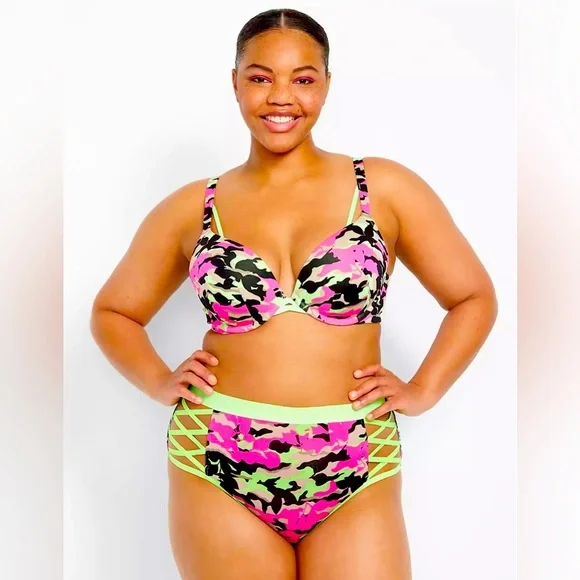Cacique | Intimates & Sleepwear | Neon Camo Microfiber Strappy Plunge  Pushup Bra And Panty Set